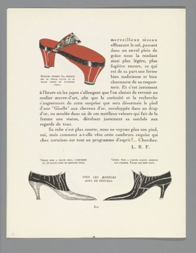 Gazette du Bon Ton, 1921 - No. 10, p. 311: "Shoes": women's shoes from Pérugia