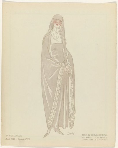 Gazette du Bon Ton, 1922 - No. 10, Pl. VII: Benedictine Sister / From Rome (18th century) / (Widow's costume)