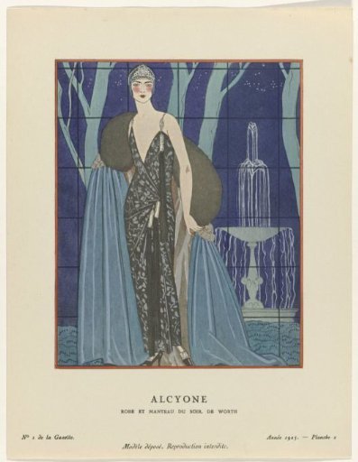 Gazette du Bon Ton, 1923 - No. 1, Pl. 2: Alcyone / Evening dress and cloak by Worth