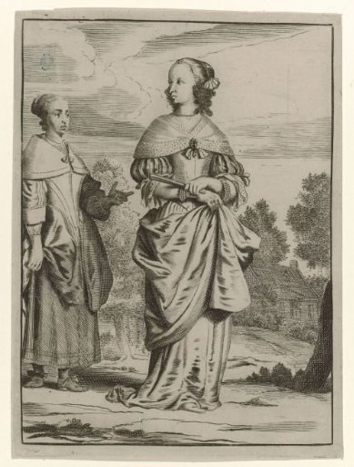 Lady, Dressed According to the Fashion of ca. 1660, and Her Maid, Standing in a Landscape