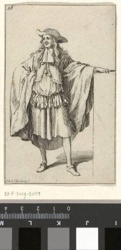 Man by a wall, dressed in a rhingrave costume and wide cloak