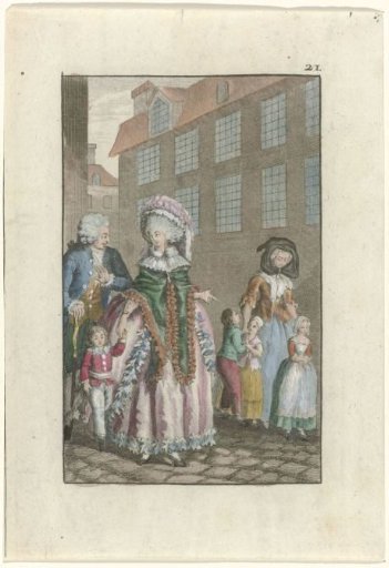 Two women, a man, and four children walking on the street