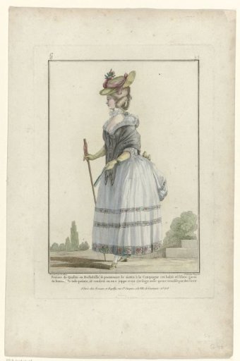 Gallery of French Modes and Costumes 1776, G 40: Woman of Quality in Morning Dress Strolling (...)