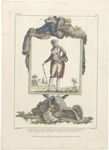 Gallery of French Fashions and Costumes, 1787, mmm 348: 1. Petit-Maître in a Spotted Outfit (...)