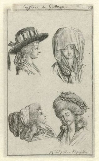 Coëffures de Goetingue VIII, 1785-1786: Four ladies' hairstyles
