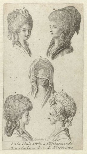 Lauenburger genealogischen Kalender auf das Jahr 1783: Five ladies' hairstyles with cap or veil