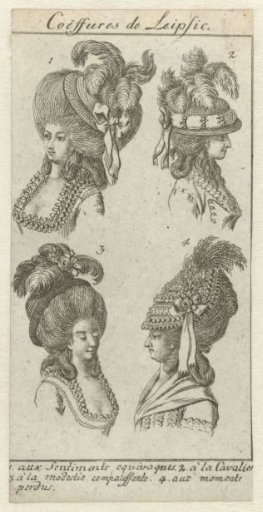 Coëffures de Leipsic, 1778-1780: Four ladies' hairstyles from Leipzig