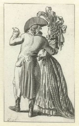 Almanac print from 1789: Standing man and woman seen from behind