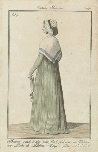 Journal des Dames et des Modes, Parisian Costume, 3 December 1797, (13): Round Bonnet with Very Small Crown (...)