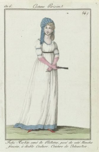 Journal des Dames et des Modes, Parisian Costume, 10 April 1798, Year 6, (14): Fichu-Turban Sown with (...)