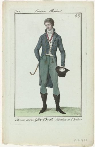 Journal des Dames et des Modes, Parisian Costume, 5 March 1799, Year 7 (93): Short Hair, Edged Waistcoats (...)