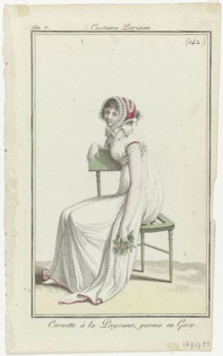 Journal des Dames et des Modes, Parisian Costume, 18 July 1799, Year 7 (142): Peasant-style Cornette (...)