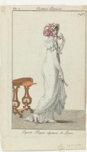 Journal des Dames et des Modes, Parisian Costume, 17 August 1799, Year 7 (148): Striped Capote (...)