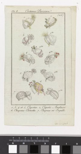 Journal des Dames et des Modes, Parisian Costume, 15 May 1800, Year 8, (216): 1, 3, 4 and 5, Bonnets (...)
