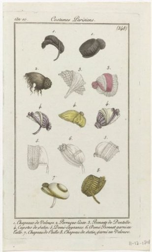 Journal des Dames et des Modes, Parisian Costume, 6 December 1801, Year 10, (348): 1. Velvet Hats (...)
