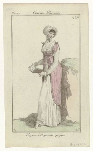 Journal des Dames et des Modes, Parisian Costume, 9 July 1803, Year 11, (483): Quilted Organdie Bonnet