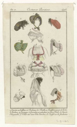 Journal des Dames et des Modes, Parisian Costume, 2 September 1803, Year 11, (496): 1. Taffeta Bonnets (...)