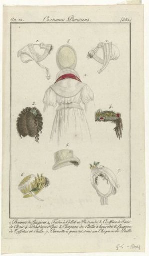 Journal des Dames et des Modes, Parisian Costumes, 5 May 1804, Year 12, (552): Linen Caps (...)