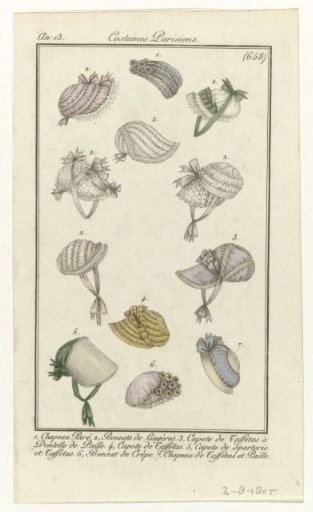 Journal des Dames et des Modes, Parisian Costumes, 3 August 1805, Year 13, (658): Decorated Hat (...)