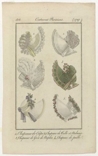 Journal des Dames et des Modes, Parisian Costumes, 25 April 1818, (1727): 1, Crepe Hats (...)