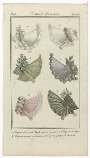 Journal des Dames et des Modes, Parisian Costumes, 15 April 1819, (1809): 1, Hat of Gros de Naples (...)