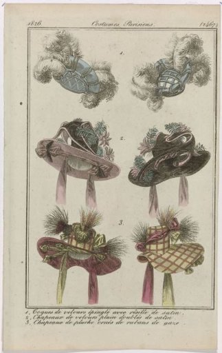 Journal des Dames et des Modes, Parisian Costumes, 31 December 1826, (2467): 1, Velvet toques (...)