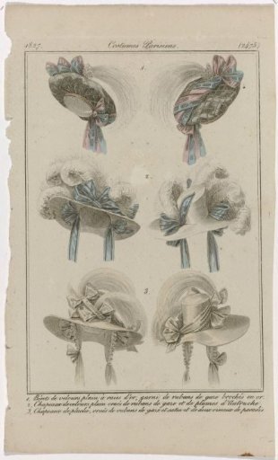 Journal des Dames et des Modes, Parisian Costumes, 31 January 1827, (2475): 1, Velvet berets (...)