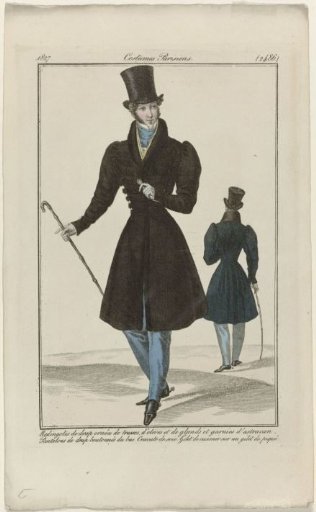 Journal des Dames et des Modes, Parisian Costumes, 15 March 1827, (2486): Cloth redingotes adorned (...)