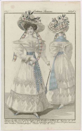 Journal des Dames et des Modes, Parisian Costumes, 15 August 1827, (2526): Crepe Hat (...)