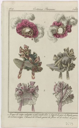 Journal des Dames et des Modes, Parisian Costumes, 30 September 1827, (2539): 1, Crepe toque (...)