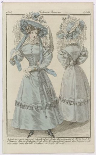 Journal des Dames et des Modes, Parisian Costumes, 5 April 1828, (2588): Satin Bonnet (...)