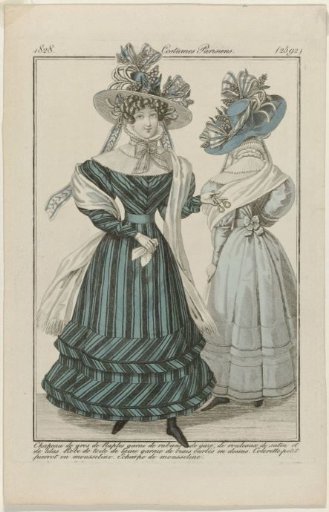 Journal des Dames et des Modes, Parisian Costumes, 20 April 1828, (2592): Hat of gros de Naples (...)