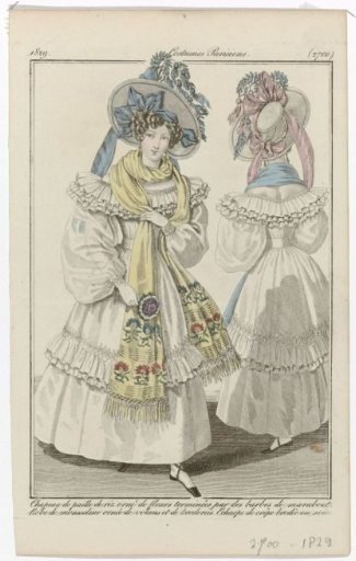 Journal des Dames et des Modes, Parisian Costumes, 5 June 1829, (2700): Hat of rice straw (...)