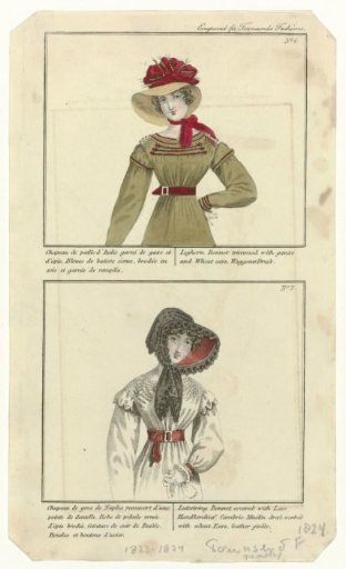 Townsend's Monthly Selection of Parisian Costumes, 1824, No. 6 and No. 7: Chapeau de paill (...)