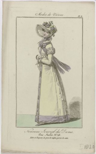 Nouveau Journal des Dames, 1821, Pl. 8: Dress and Hat of Gros de Naples (...)