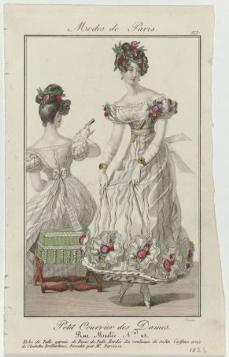 Petit Courrier des Dames, 1823, No. 177: Tulle Dress Trimmed with Bias (...)