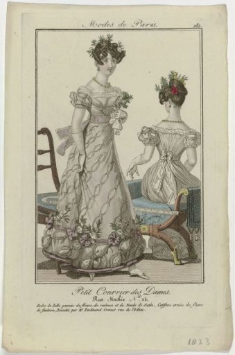 Petit Courrier des Dames, 1823, No. 181: Tulle Dress Trimmed with Flowers (...)