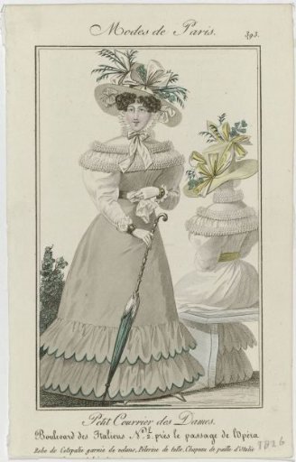 Petit Courrier des Dames, 1826, No. 393: Dress of Cotepalie Trimmed with Flounces (...)