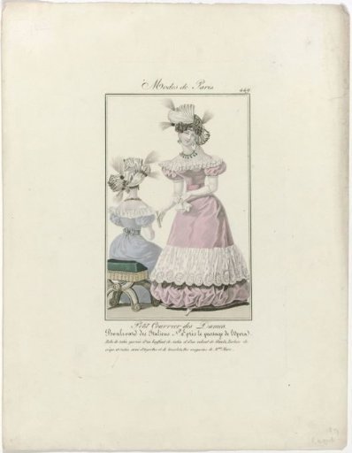 Petit Courrier des Dames, 15 February 1827, No. 449: Satin Dress Trimmed with a Puff (...)