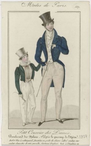 Petit Courrier des Dames, 1828, No. 557: Blue habit with matching collar (...)