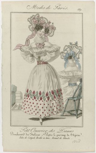 Petit Courrier des Dames, 1828, No. 589: Embroidered Cotepali Dress (...)