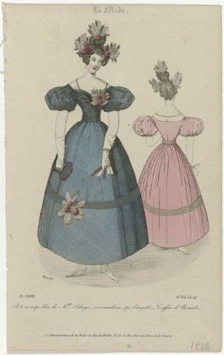 La Mode, 1830, 2nd Vol. Liv. 4, Pl. 24: Robe en crêpe bleu (...)