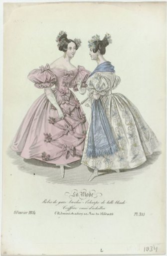 La Mode, 8 February 1834, Pl. 355: Brocaded gauze dresses (...)