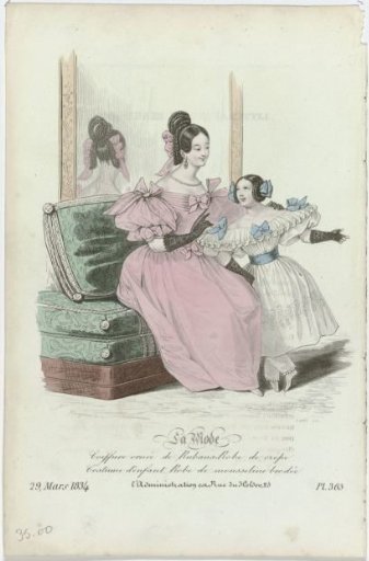La Mode, 29 March 1834, Pl. 365: Headdress adorned with ribbons-dresses (...)