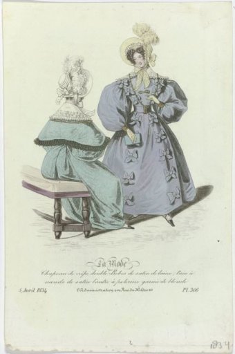 La Mode, 5 April 1834, Pl. 366: Crêpe hat lined-dresses (...)