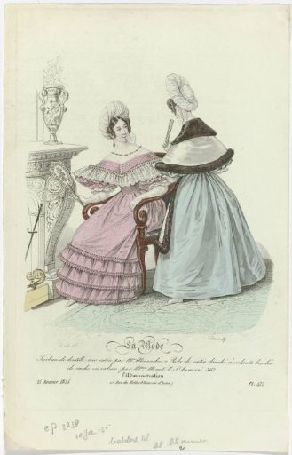 La Mode, 15 January 1835, Pl. 422: Lace turban on satin (...)