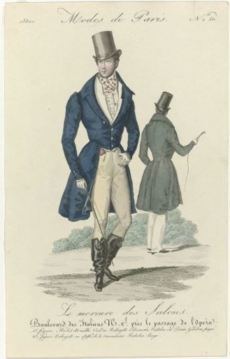 The Mercure des Salons, Paris Fashions, 1830, No. 50: 1st figure, Habit called midl (...)