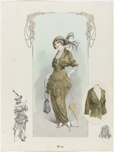 Lady in an olive-green tunic and strompel skirt, W 369