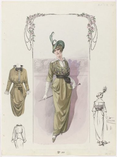 Lady in an olive-green strompel gown, W 393