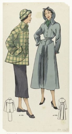 Suit and Long Grey Coat with Hood, ca. 1948, No. 857 and No. 858